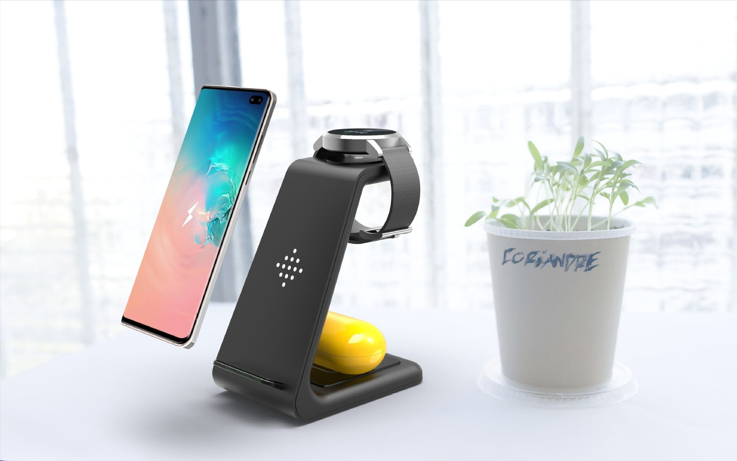 Estación de Carga Rápida 3 en 1 – Soporte Inalámbrico para Celular, Reloj y Audífonos